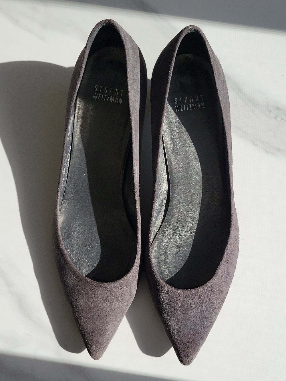 Stuart Weitzman Pointed Toe Grey Suede Flats